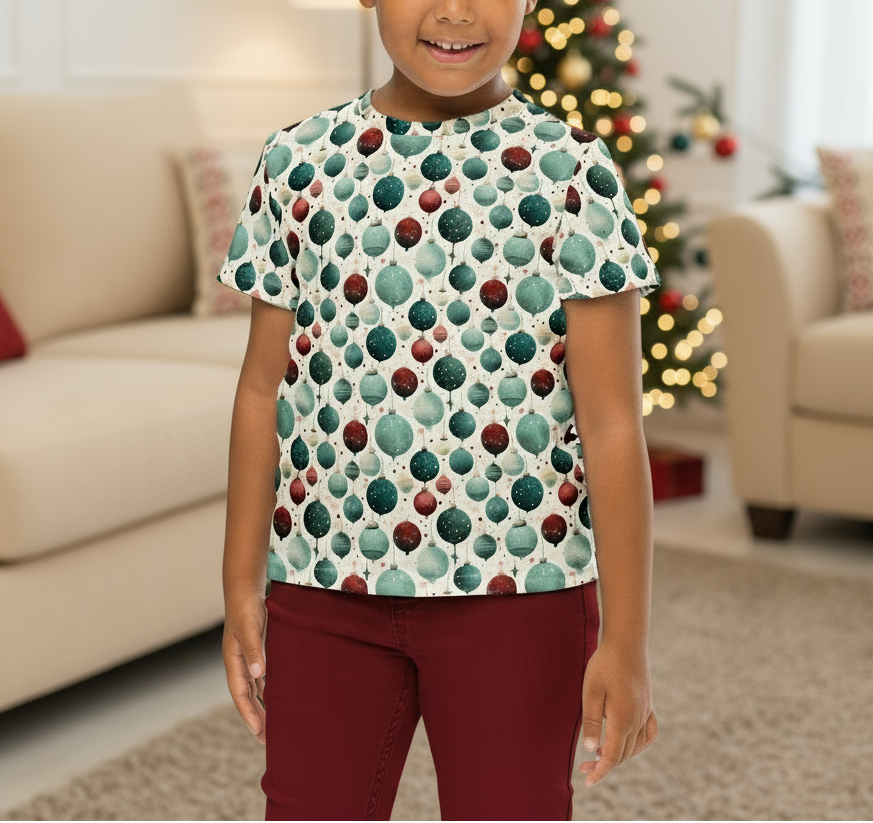 Child wearing a festive shirt with Christmas-themed decorations in a decorated room.