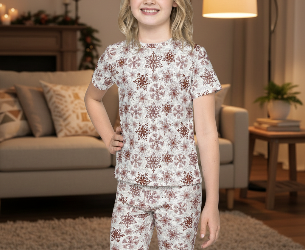 Young girl wearing a patterned pajama set in a cozy living room.
