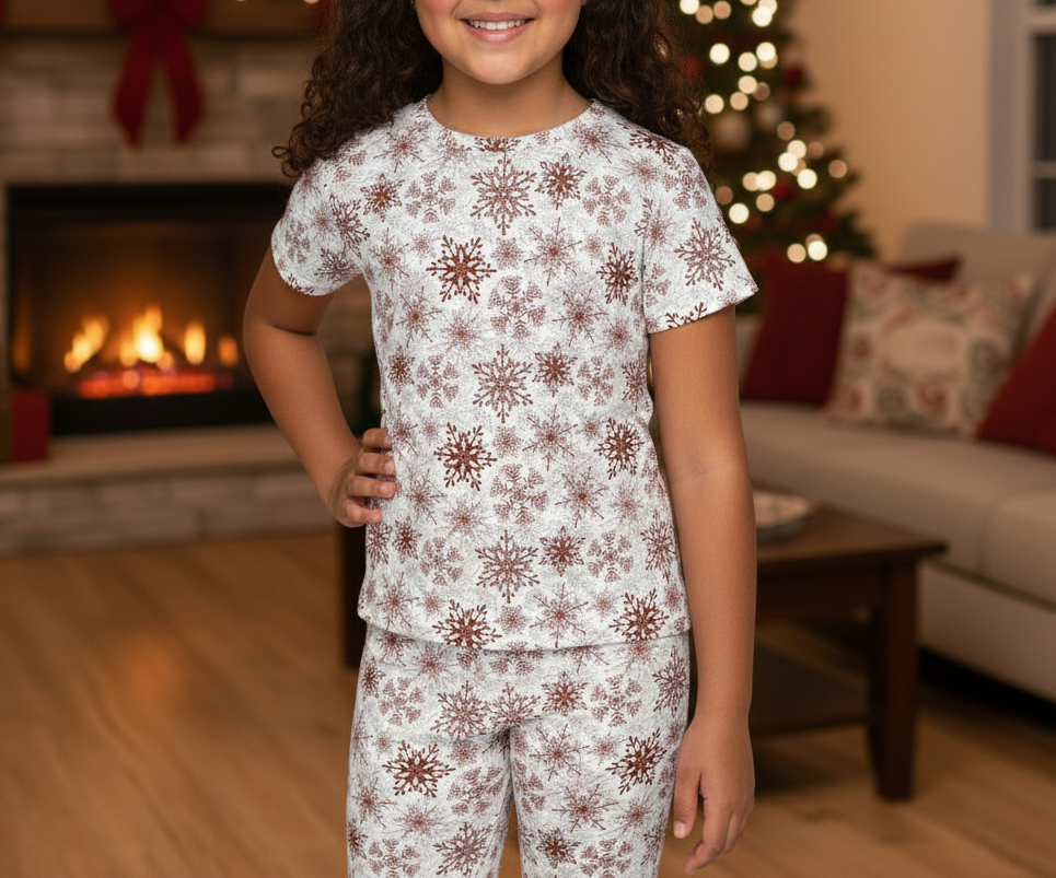 Child wearing a snowflake-patterned pajama set in a cozy living room with a fireplace and Christmas tree.