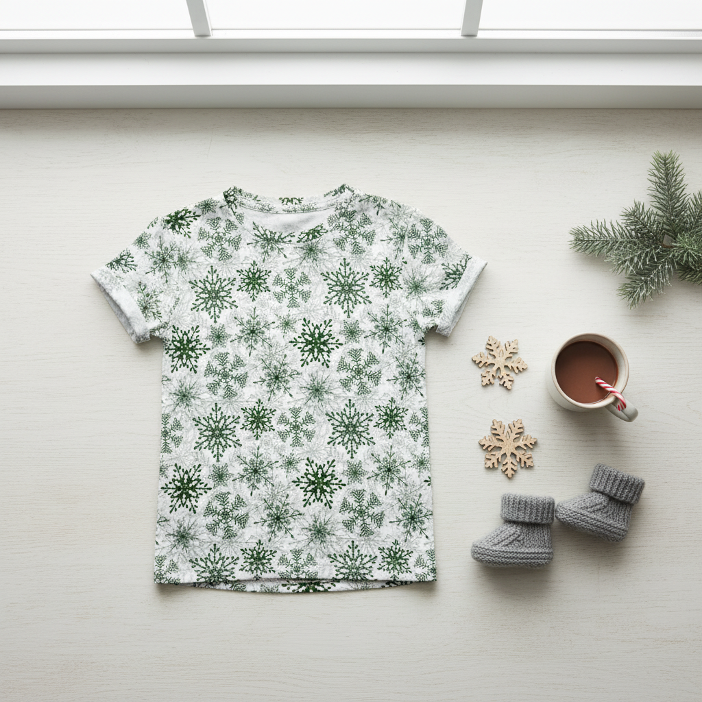 White t-shirt with green snowflake pattern, cup of coffee, and baby shoes on a light surface.