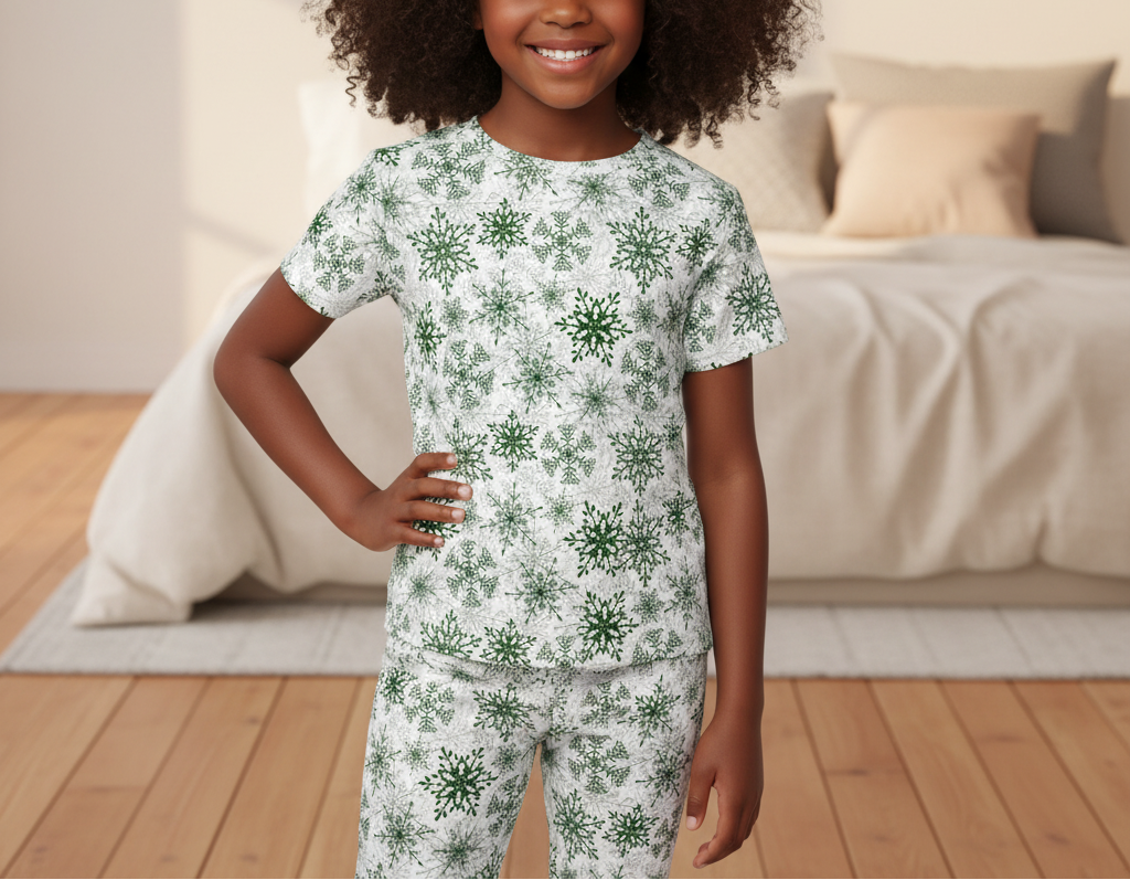 Child wearing a green and white patterned pajama set in a bedroom.