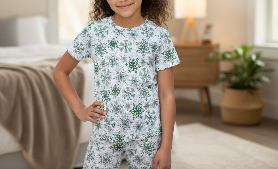 Child wearing a green and white patterned pajama set in a bedroom.