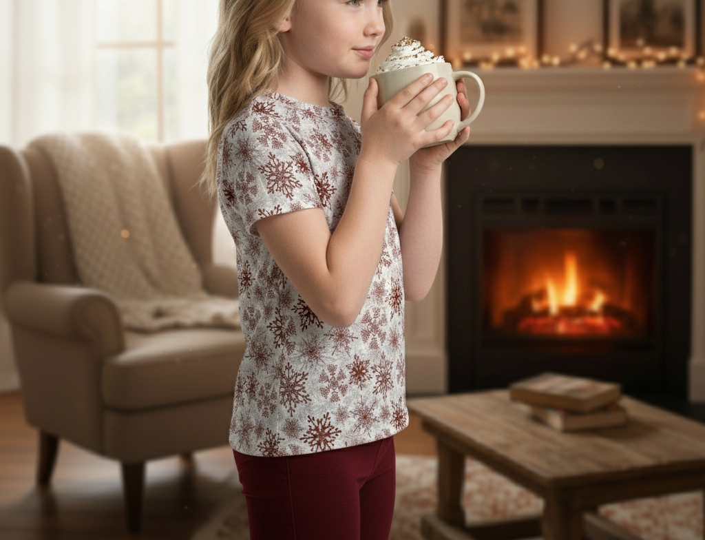 Young girl holding a mug with whipped cream in front of a fireplace