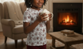 Child holding a mug in a cozy living room with a fireplace.