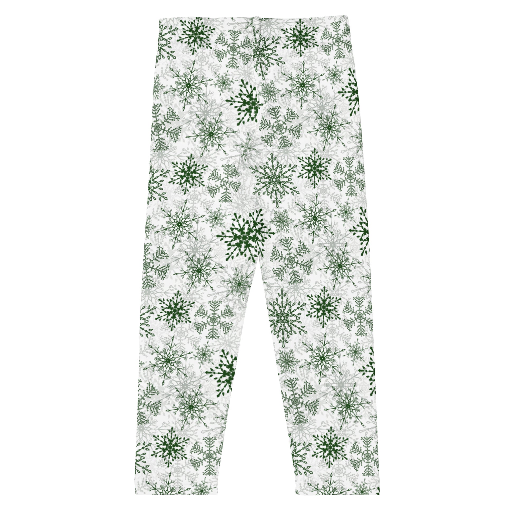 Pajama pants with green snowflake pattern on a white background