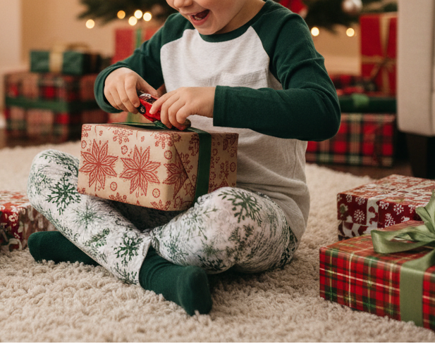 Child opening a Christmas present surrounded by wrapped gifts on a carpeted floor.