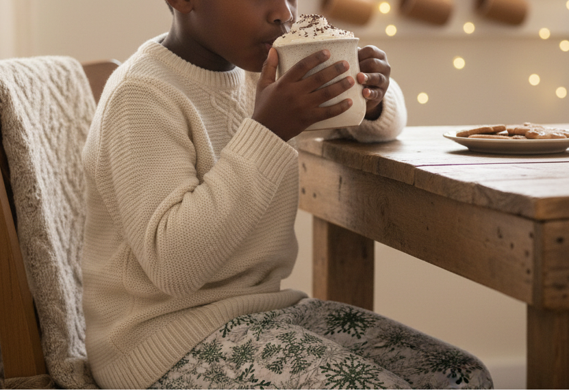 Person in a cozy setting drinking from a mug with a plate of cookies on a wooden table.