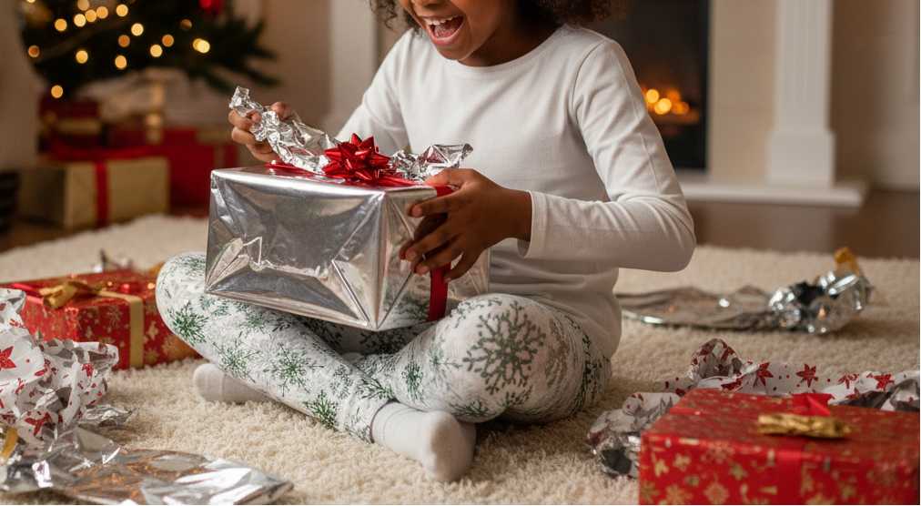 Child opening a gift in a festive setting with Christmas decorations.
