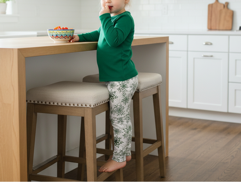Child in a green shirt and patterned pants sitting on a bar stool in a kitchen.