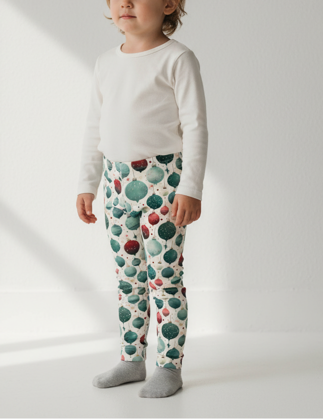 Child wearing a white long-sleeve shirt and patterned pants on a plain background