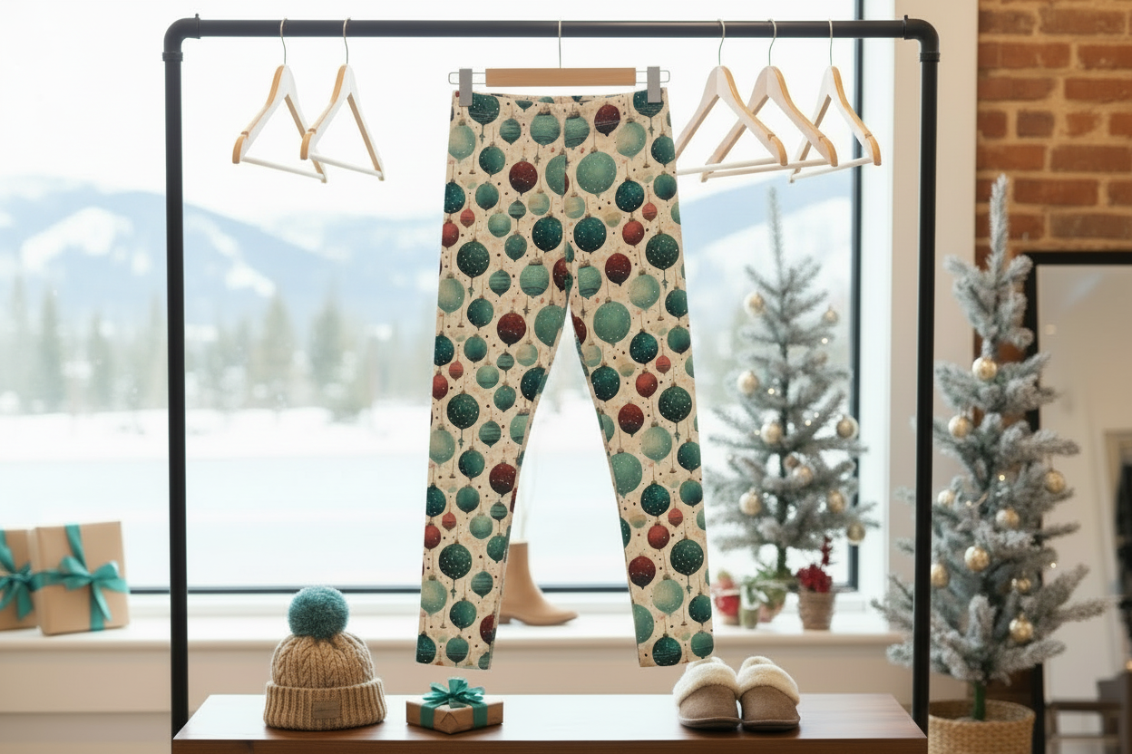 Polka dot pants hanging on a rack with Christmas decorations in the background