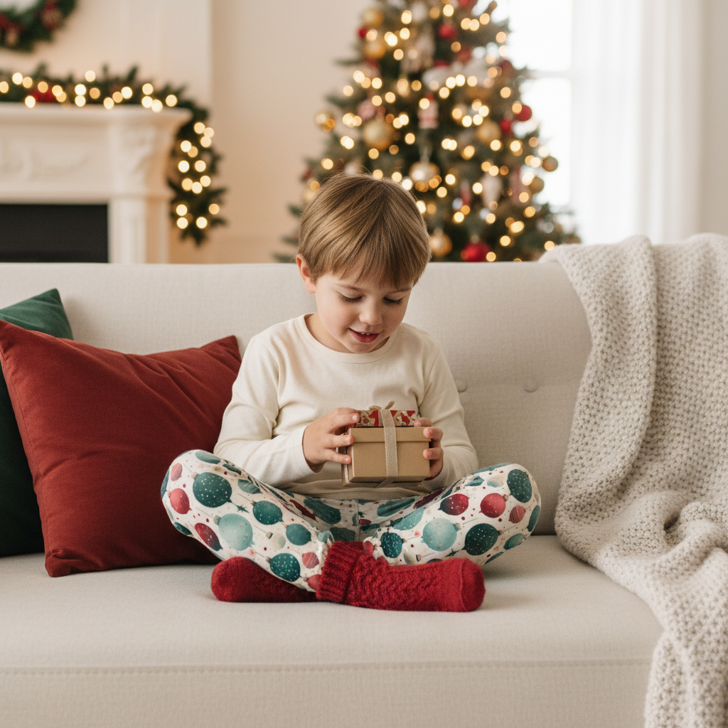 Child sitting on a couch holding a small gift box with a decorated Christmas tree in the background.