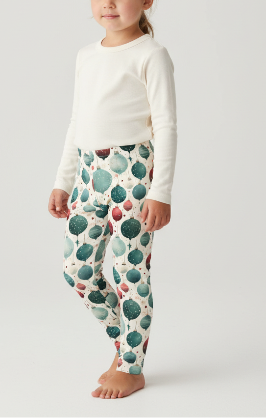 Child wearing a white long-sleeve shirt and patterned leggings on a light gray background