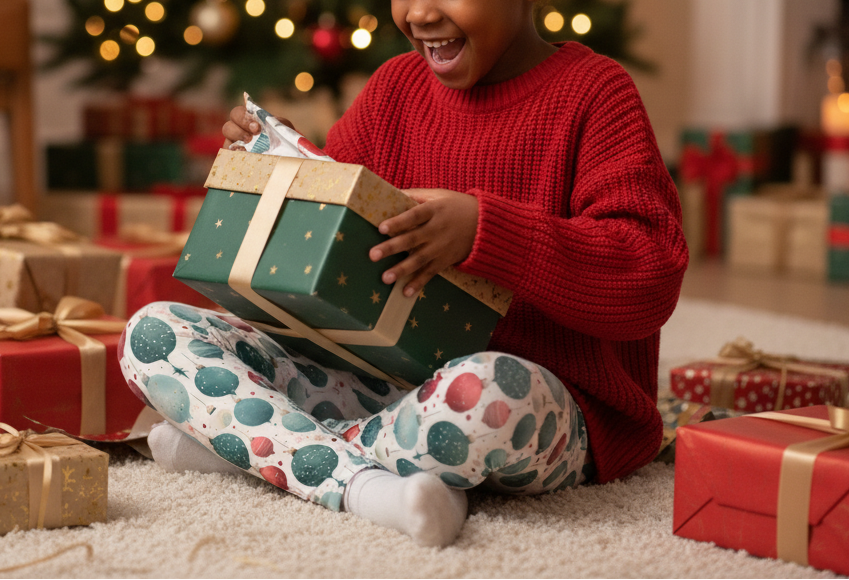 Child opening a Christmas gift with a festive background