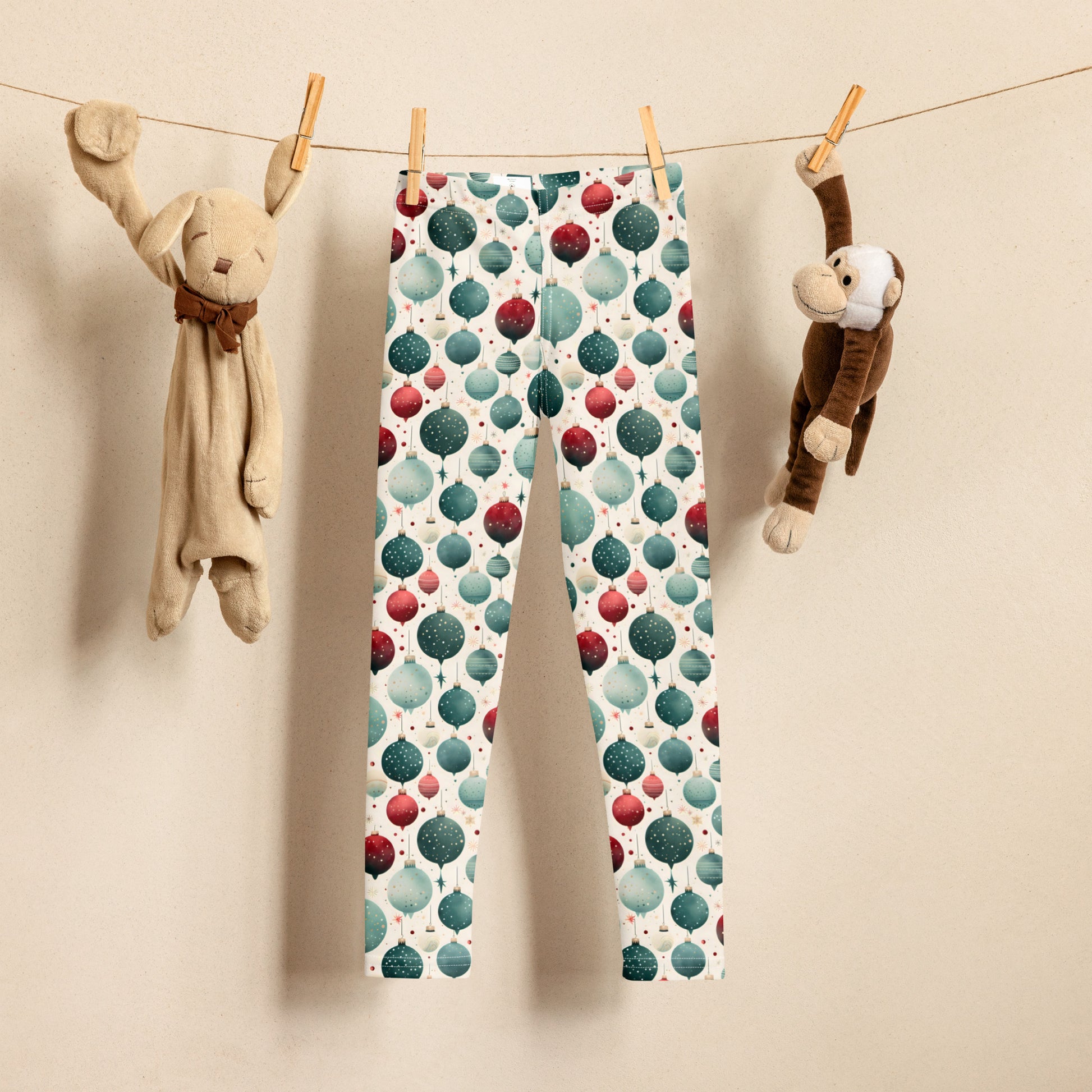 Colorful patterned leggings hanging on a line with stuffed animals.