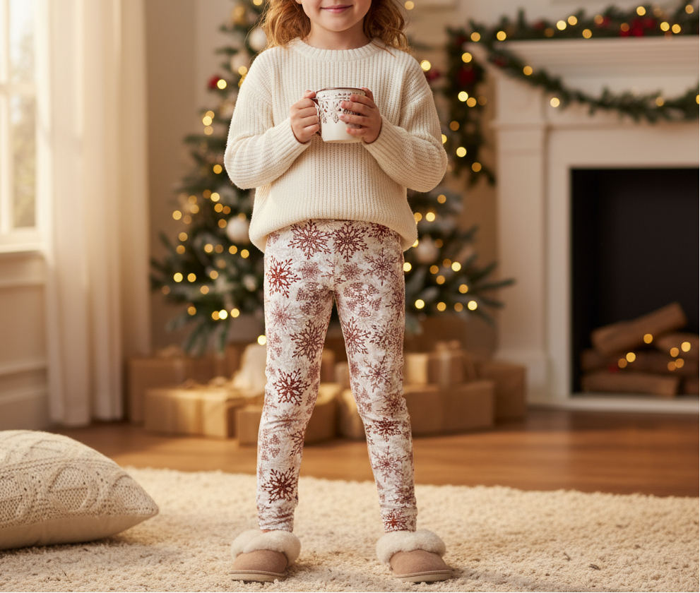 Young girl in a cozy living room holding a mug, with Christmas decorations in the background.
