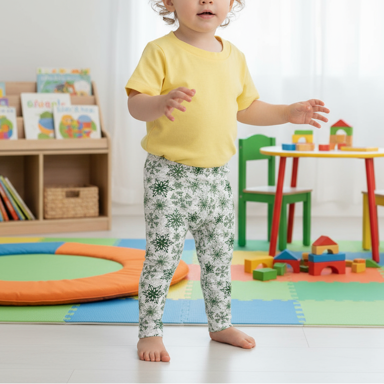 Child in a yellow shirt and patterned pants standing in a playroom with colorful furniture and toys.