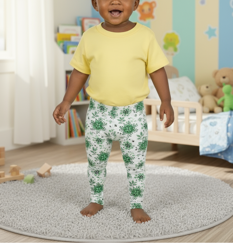 Child in a yellow shirt and green floral pants standing in a colorful bedroom.