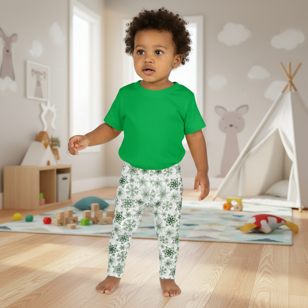 Child wearing a green shirt and patterned pants in a playroom.