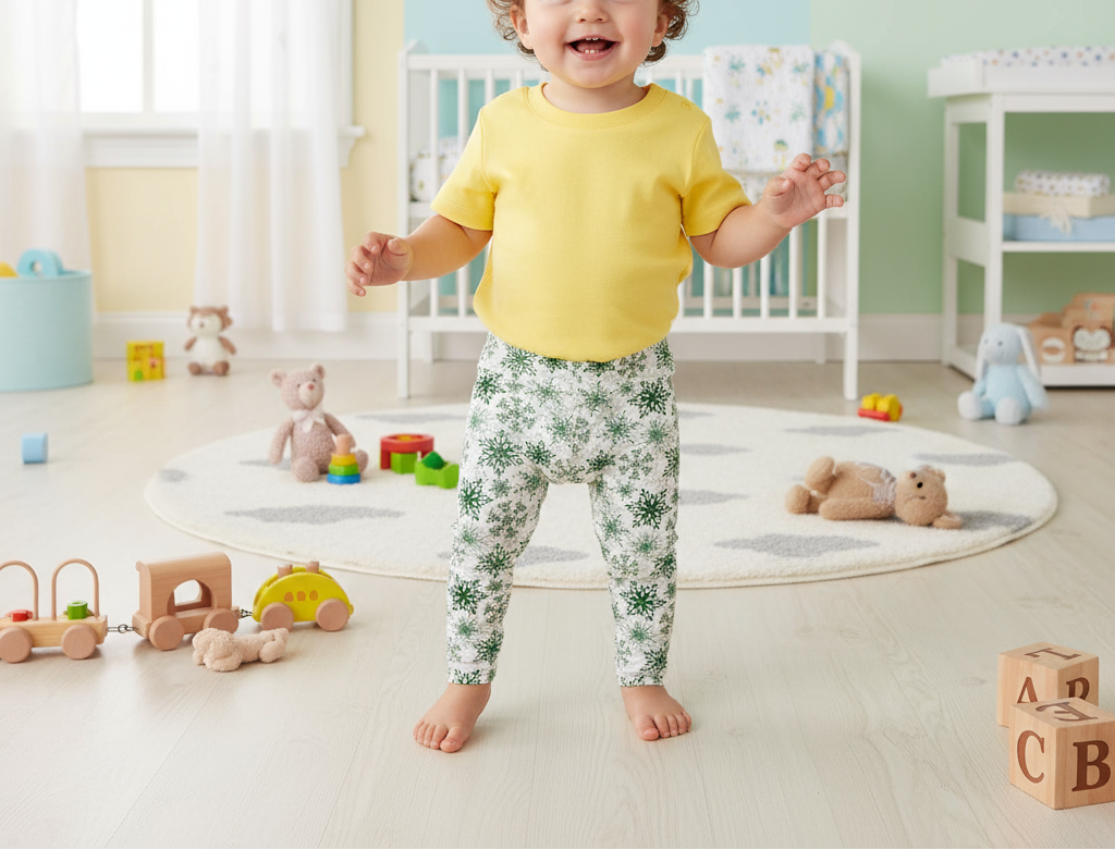 Child in a yellow shirt and floral pants standing in a nursery room with toys and furniture.