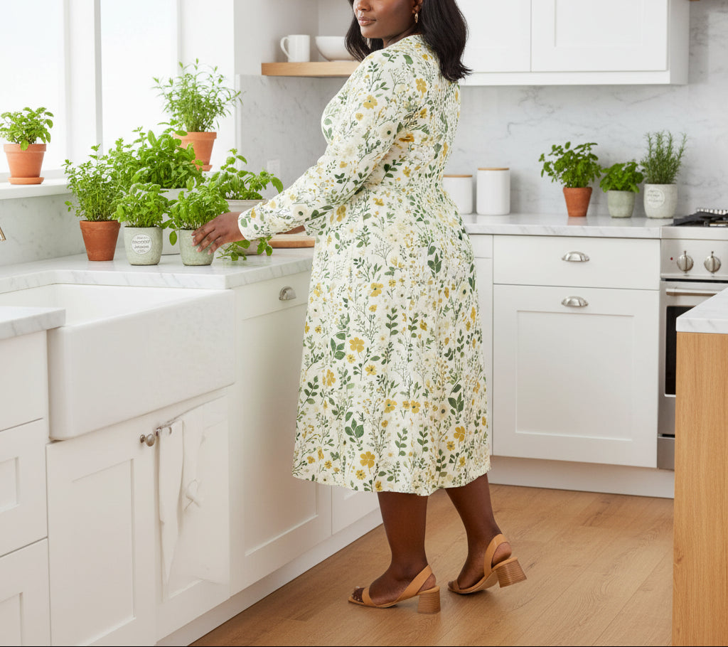 Woman wearing a floral dress on a white background
