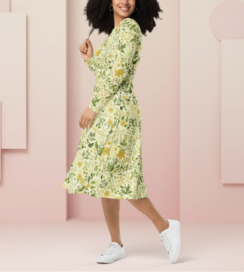 Woman wearing a floral dress against a pink background