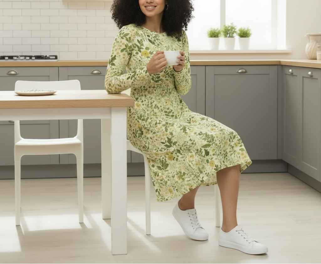 Woman in a floral dress sitting at a table in a bright kitchen.