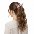 Woman with a ponytail held by a floral hair tie on a white background