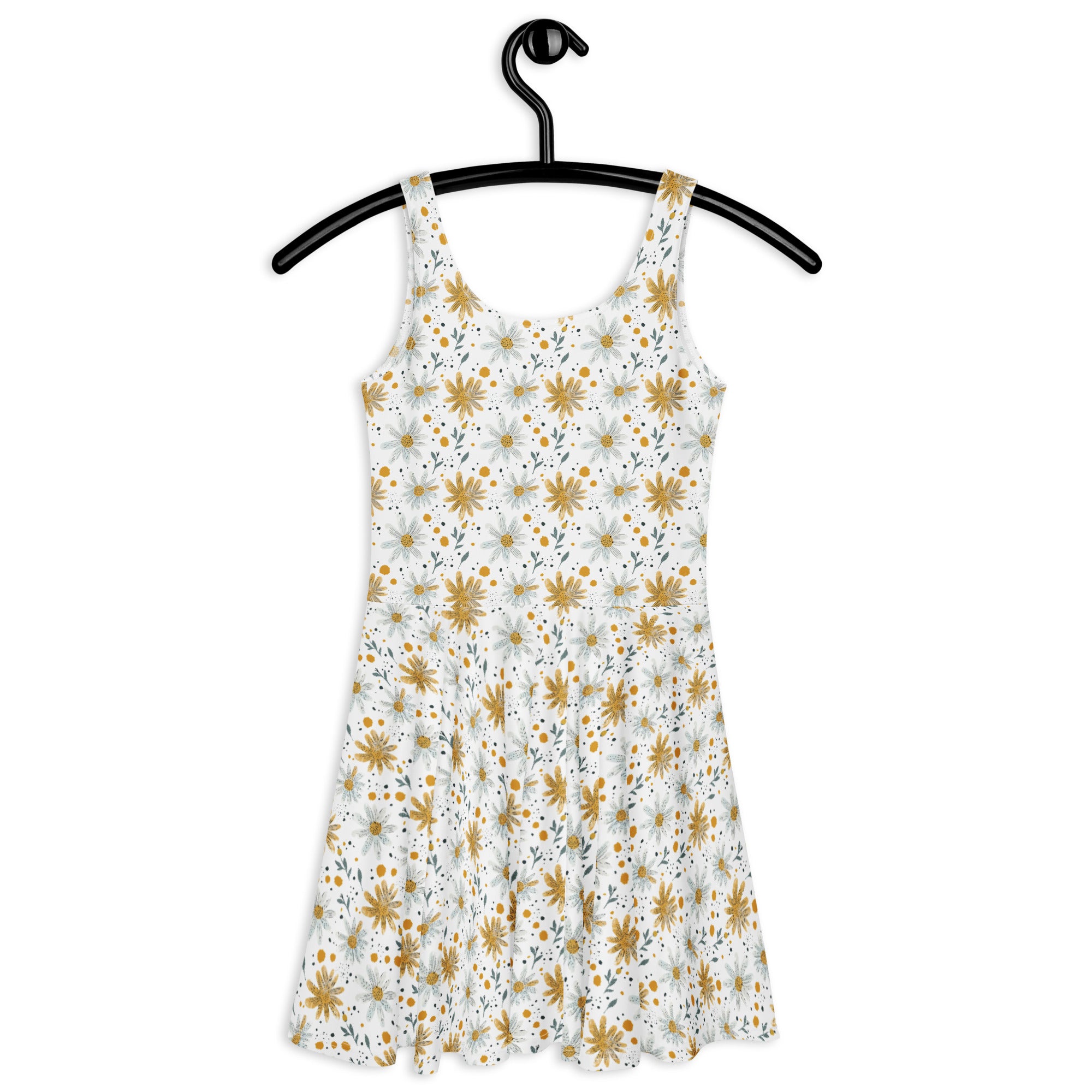 Floral dress on a hanger against a white background