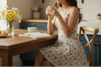 Woman sitting at a kitchen table with a cup of coffee, surrounded by flowers and pastries.