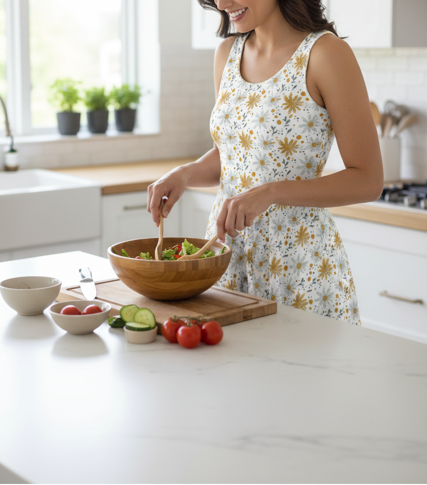 Woman shopping at a farmers market with produce in the background
