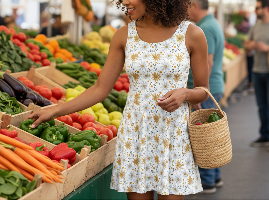 Woman shopping at a farmers market with produce in the background