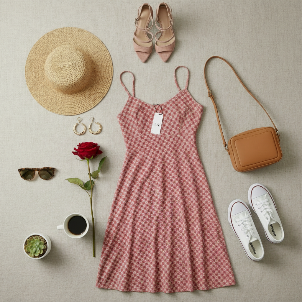 Pink checkered dress with accessories including a hat, shoes, bag, sunglasses, and a rose on a beige surface.