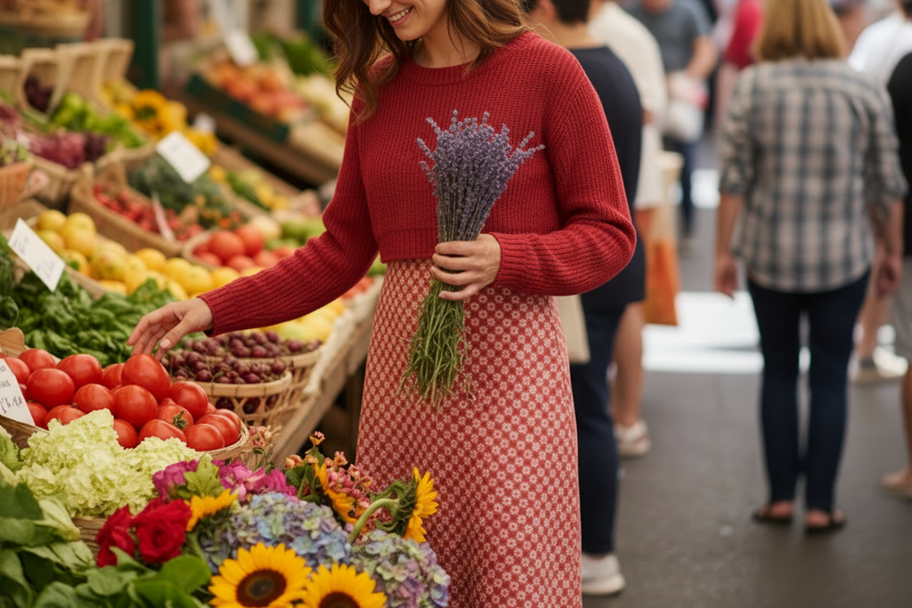 Woman shopping at an outdoor market holding lavender and vegetables.