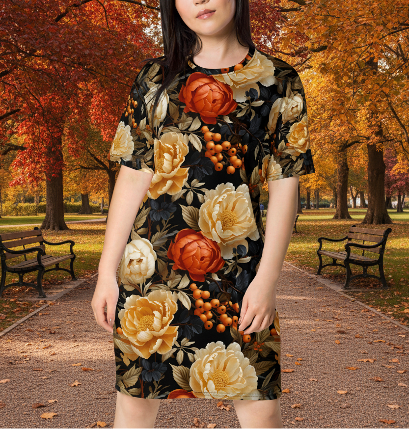 Woman wearing a floral dress with orange and yellow flowers on a white background