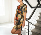 Woman wearing a floral dress standing in a modern interior setting with stairs.