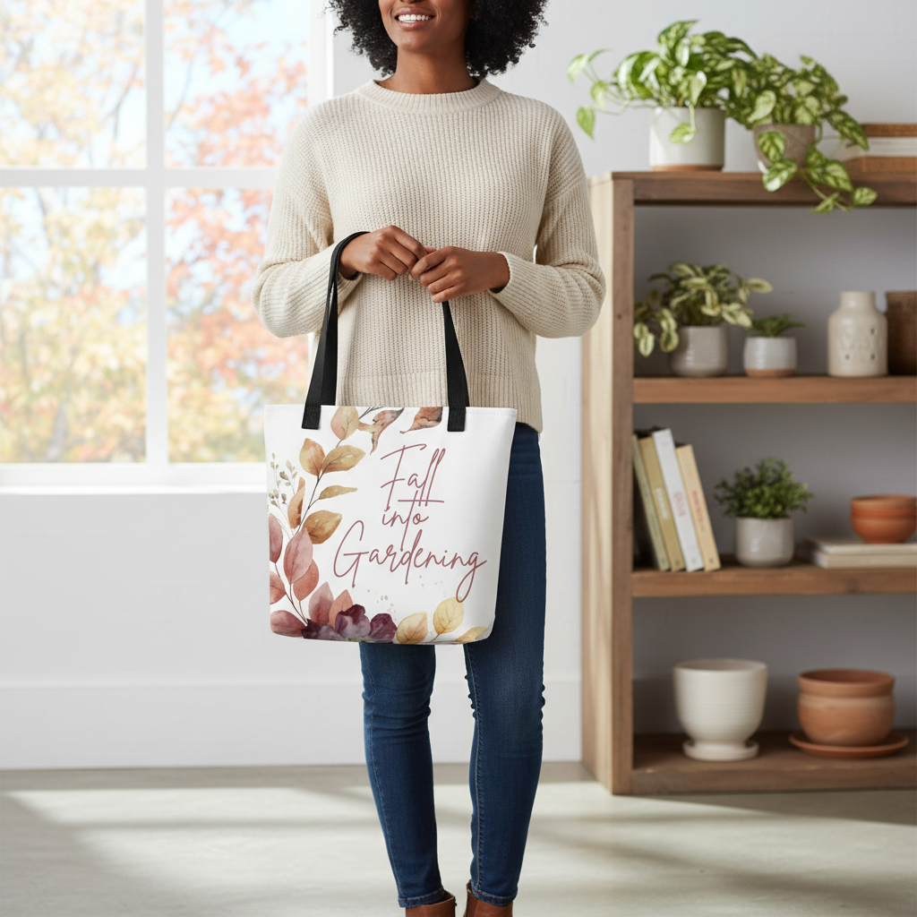 Tote bag with floral design and 'Fall into Gardening' text on a white background