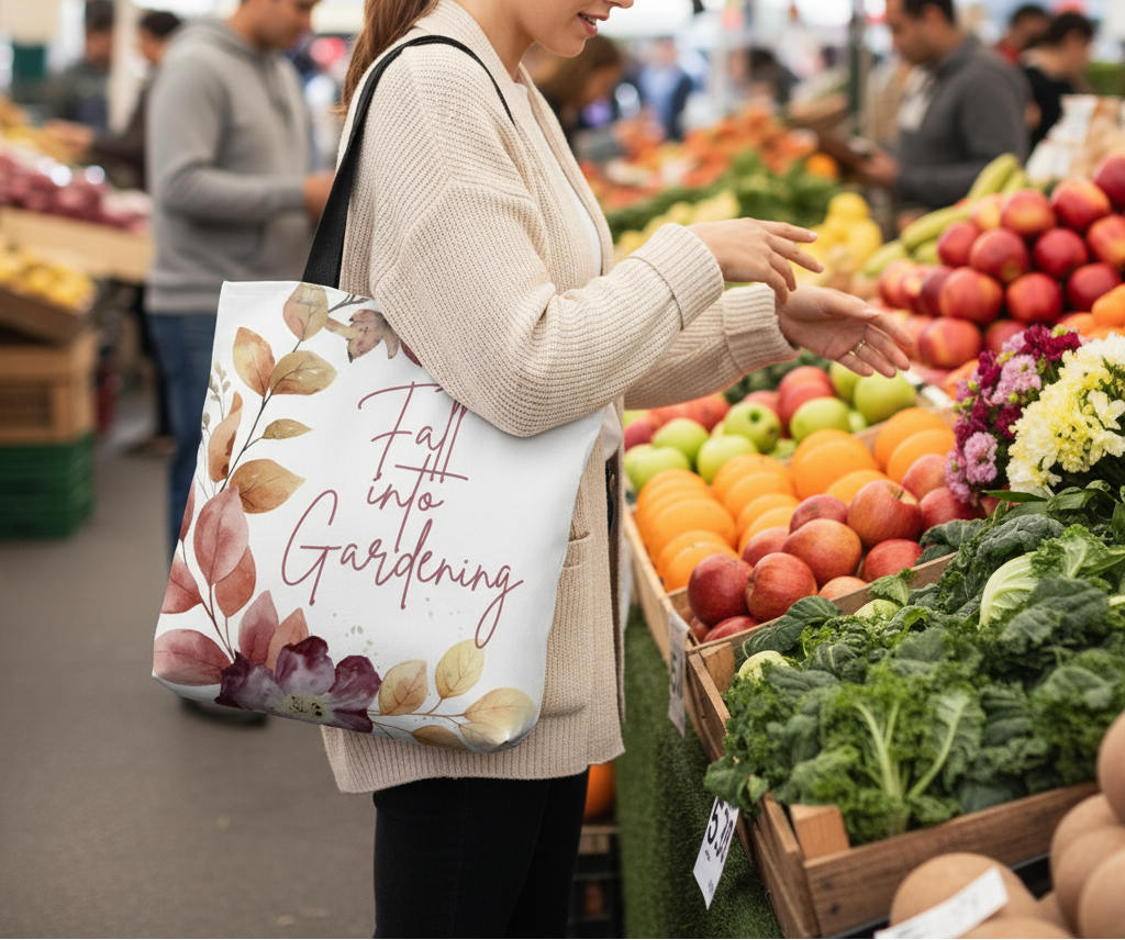 Tote bag with floral design and 'Fall into Gardening' text on a white background