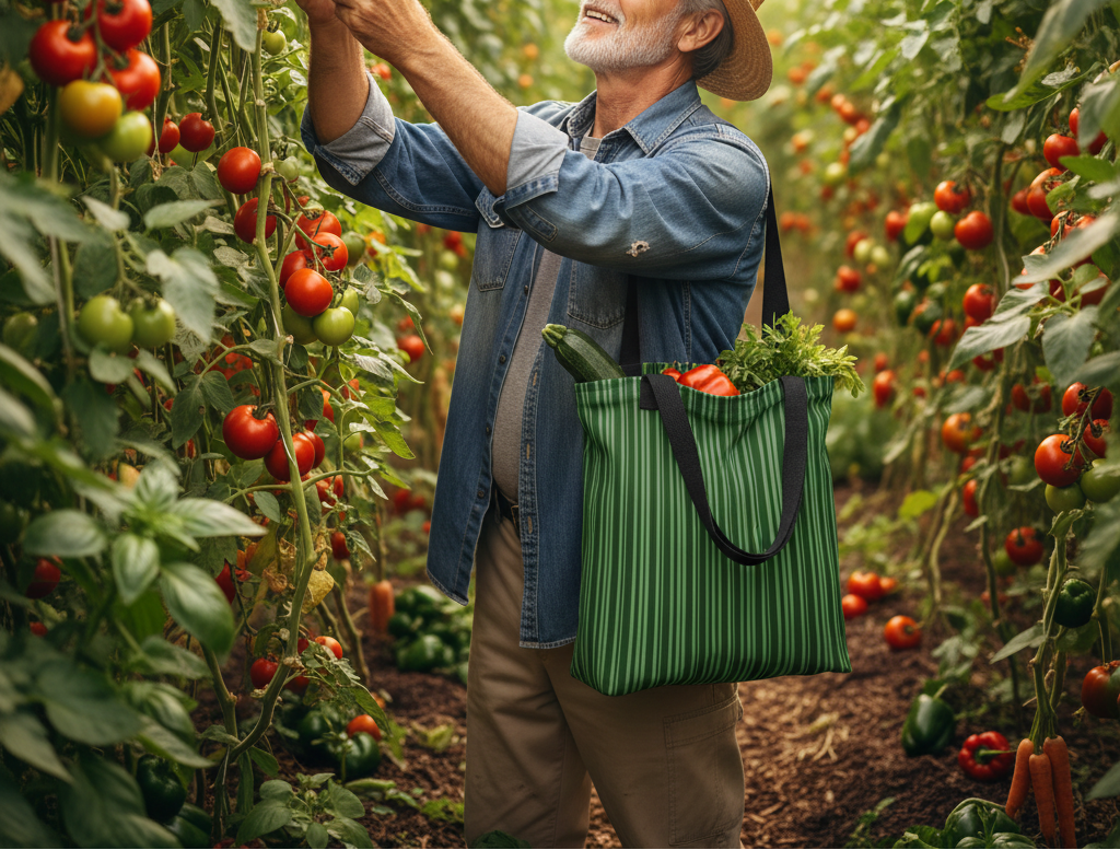 Man in a garden holding a green reusable bag filled with vegetables, surrounded by tomato plants.