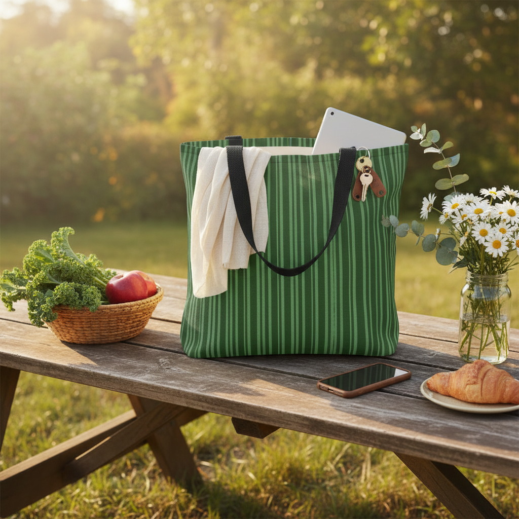 Green striped tote bag on a wooden picnic table with a laptop, phone, and food items, surrounded by nature.