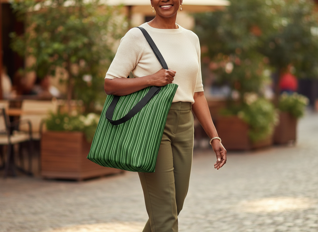 Woman holding a green striped bag outdoors