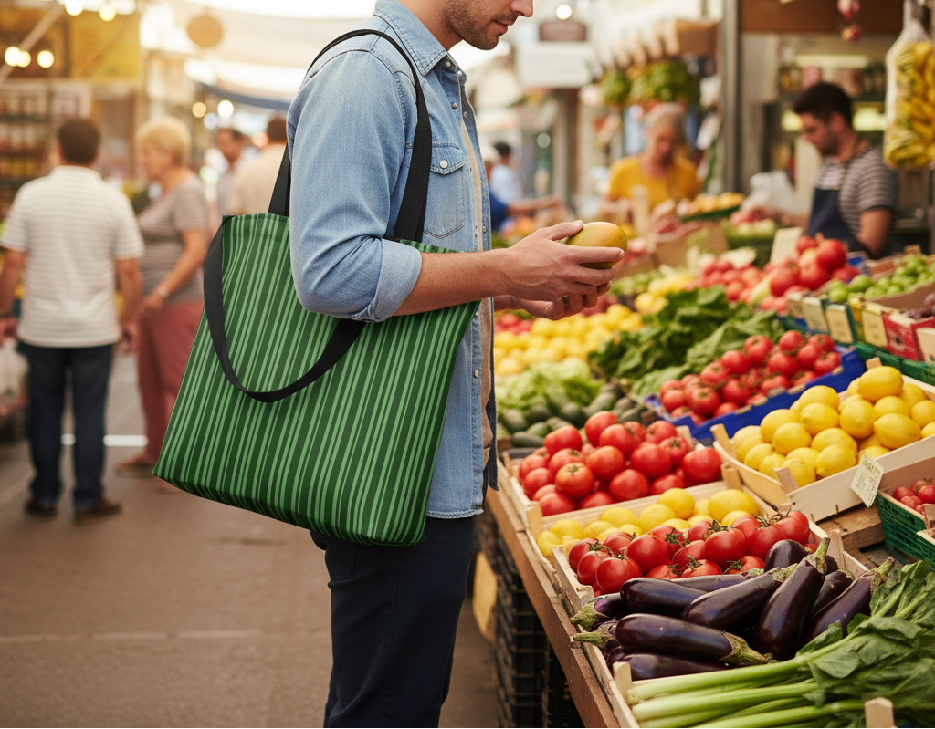 Man shopping at a market with a green striped bag, surrounded by fresh produce.