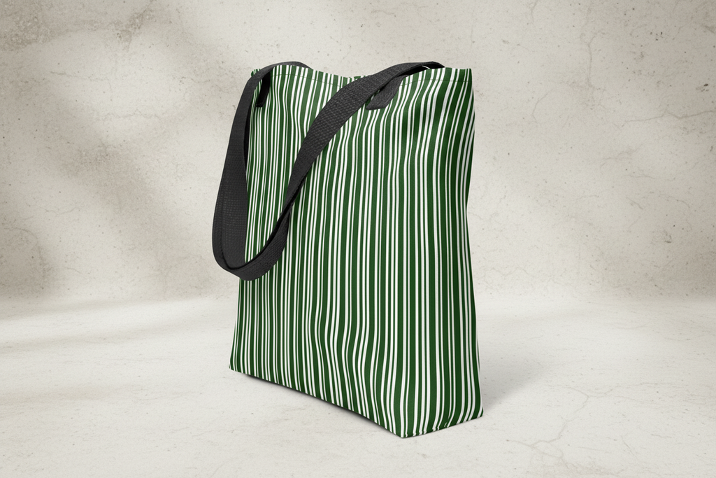 Green striped tote bag with a black strap on a light gray background