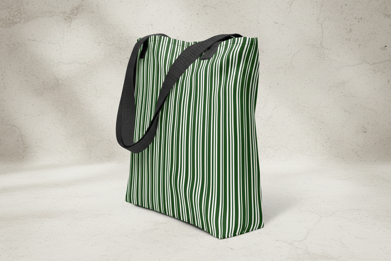 Green striped tote bag with a black strap on a light gray background