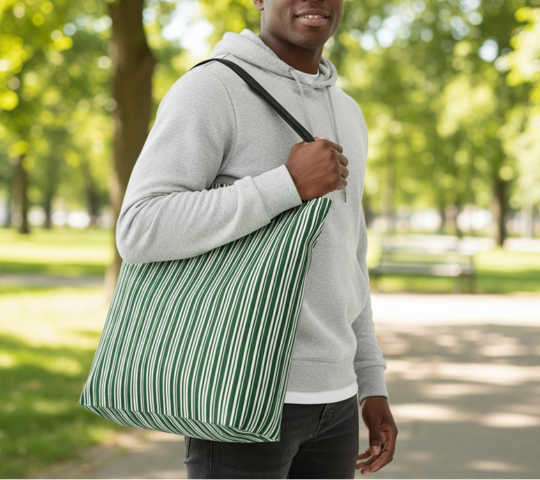 Man holding a green and white striped bag in a park