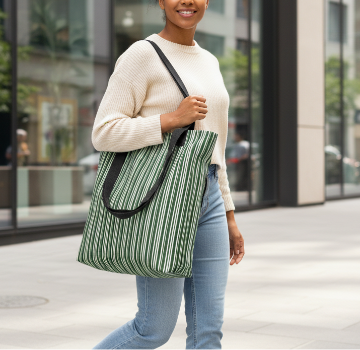 Woman holding a green striped tote bag in an urban setting