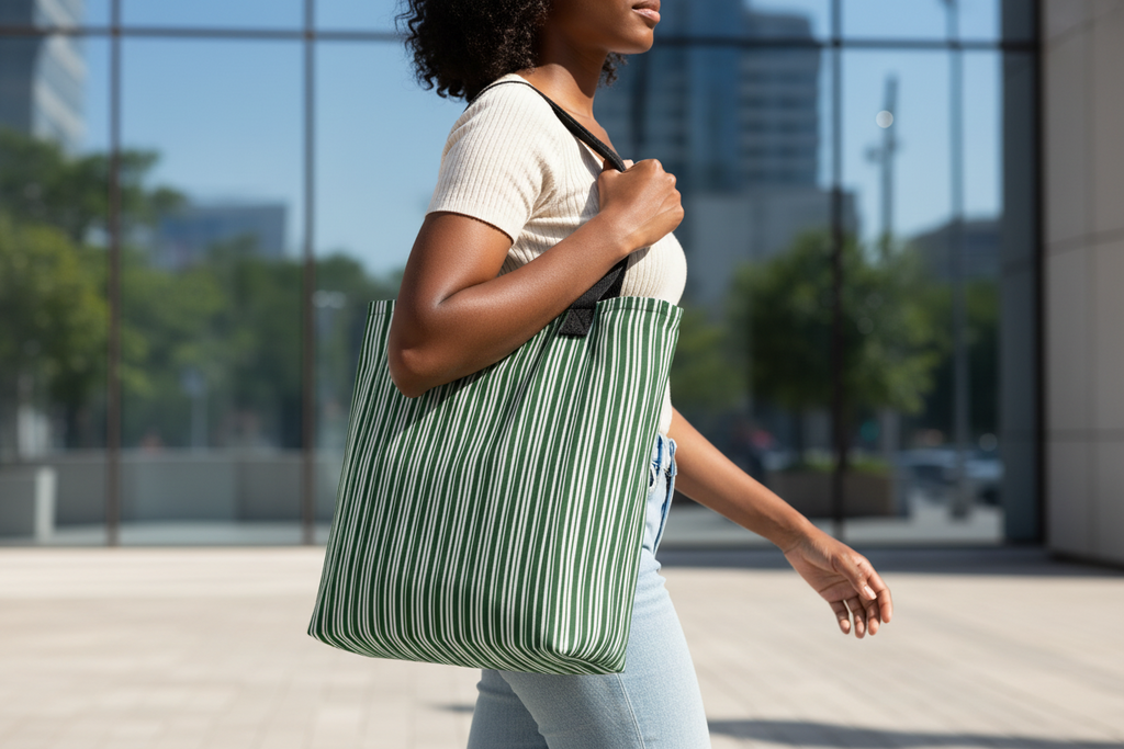 Woman carrying a green striped tote bag outdoors.