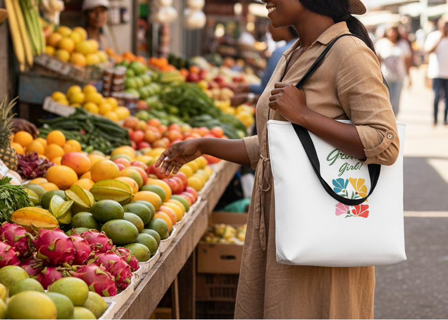 Woman shopping at a market with a reusable bag featuring a brand logo.