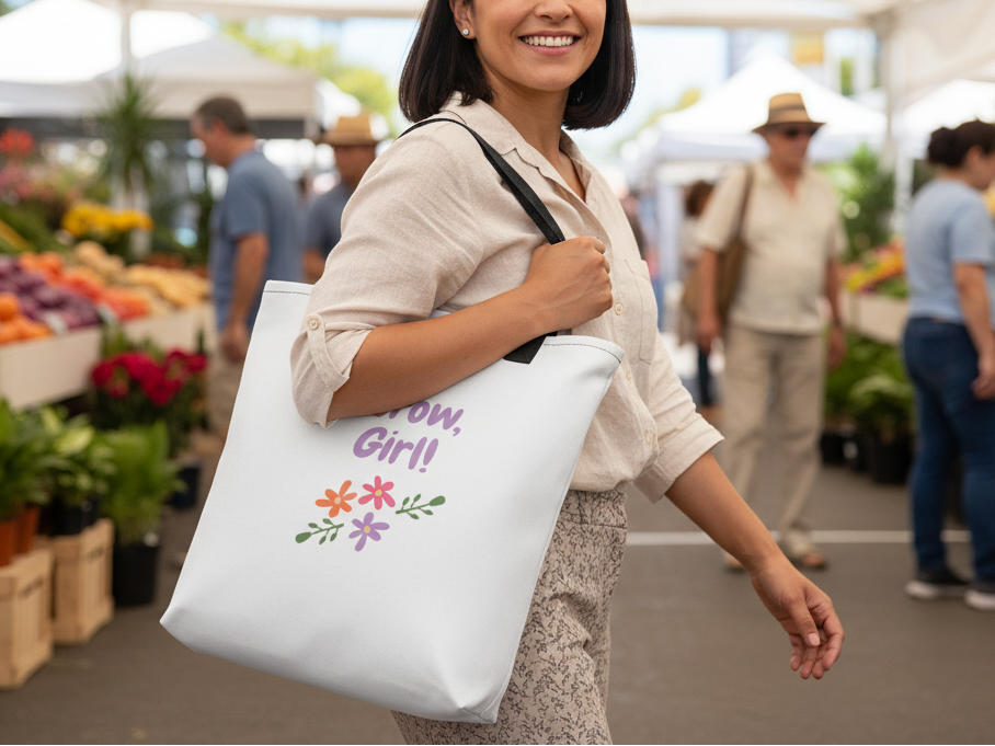 Woman holding a tote bag with colorful text and flowers in an outdoor market setting