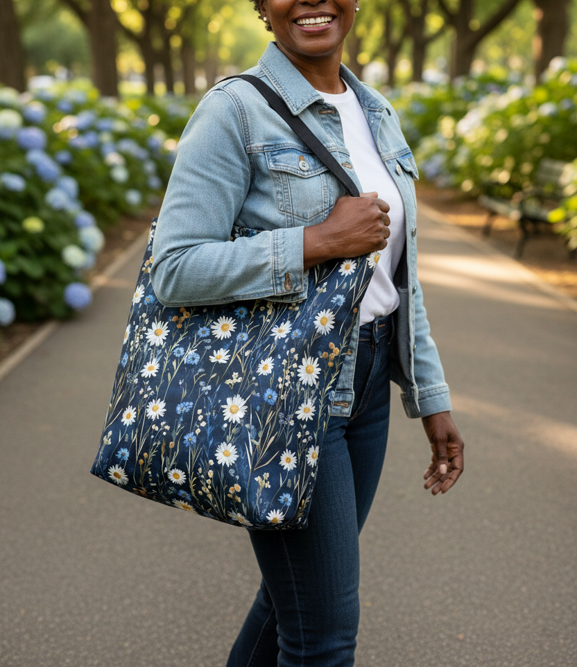 Woman walking outdoors with a floral-patterned bag